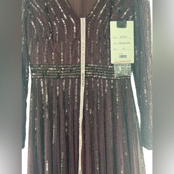 NWT Mac Duggal V Neck Sequined Illusion Long Sleeve A Line Gown Plum 6 - Picture 7 of 10